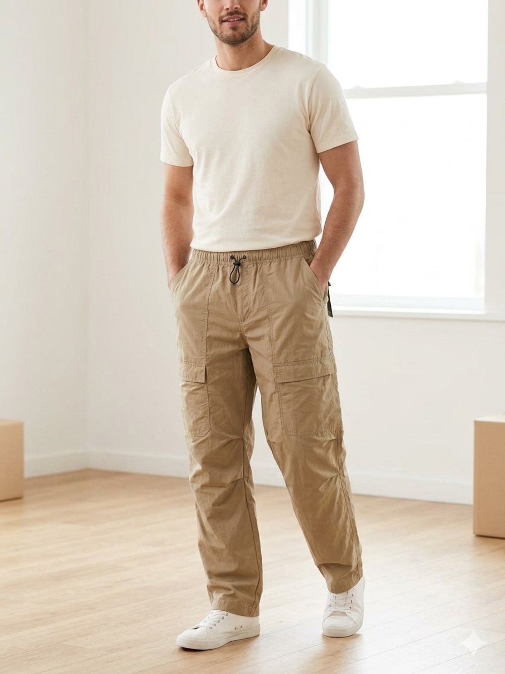 Original Use Men's Beige Cargo Pants with Drawstring